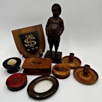 Collection of treen to include two Mauchline ware boxes, Blackforest Falstaff character, pair of