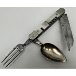Turn of the century pearl and steel pocket knife comprising fork, spoon and corkscrew, 13cm long