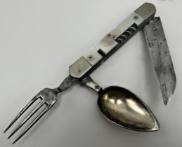 Turn of the century pearl and steel pocket knife comprising fork, spoon and corkscrew, 13cm long