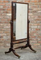 Good quality 19th century mahogany cheval mirror with twin turned stretcher rails raised on swept