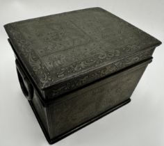 Chinese pewter tea caddy, engraved with figures, animals and foliage, twin hinged handles and