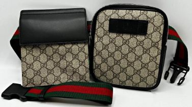 Gucci GG Supreme Monogram two pocket unisex belt bag with black leather trims and green and red