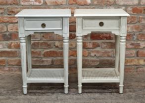 Pair of contemporary painted two tier bedside tables with turned fluted legs, H 71cm x W 45cm x D