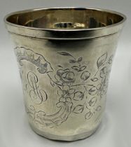 Early probably Elizabethan silver beaker, engraved with birds and foliage, indistinct mark to