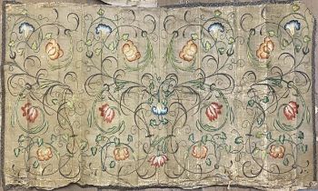 Probably 18th century oriental silk panel, with gold thread and silk scrolled flowers, 98 x 196cm