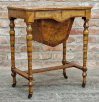 19th century burr walnut work/sewing table with turned supports and H shaped stretcher complete with