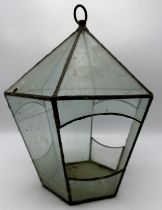 Antique leaded glass terrarium in the form of a porch lantern with three shaped recessed panels 33cm