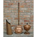 Antique copper samovar H 36cm, together with a copper bed warming pan H 114cm, and a copper coal hod