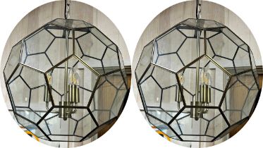 Good quality pair of brass framed glass honeycomb hall lights, 44cm high (not including chain and