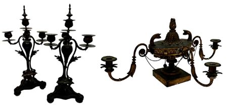 Pair of French Empire three branch candelabra, with black slate triform plateau, 42cm high with a