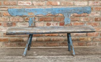 Primitive antique bench with distressed painted finish, H 74cm x W 130.5cm x D 33cm