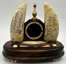 Impressive novelty early American scrimshaw pocket watch stand, each scrimshaw engraved with to