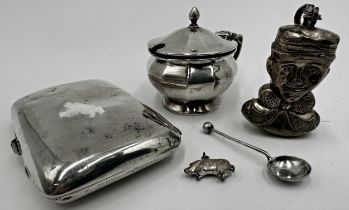 Mixed silver - novelty Mr Punch baby rattle, cigarette case, lidded mustard with spoon and miniature