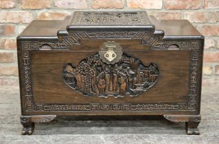 20th century Oriental carved camphor wood blanket box with brass hinged lock, H 58cm x W 92cm x D