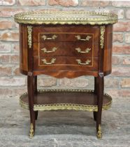 French Louis XV style kingwood kidney shape side table/chest with marble top, gilt metal gallery and
