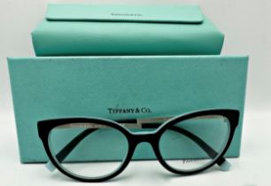 A pair of Tiffany & Co woman's eyeglasses with black on Tiffany blue frame. Model number TF 2191. In