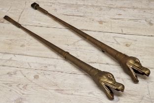 Pair of antique dragon head car horns, 76cm long (2)