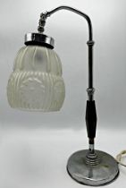 Art Deco chrome and Bakelite students lamp with hinged bracket arched glass shade, 39cm high (