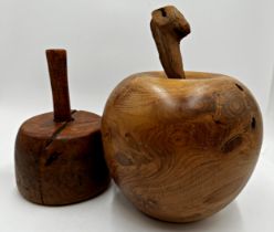 Large fruitwood apple, 31cm high with a further wooden masonry mallet (2)