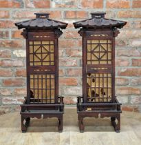 A pair of timber framed Pagoda electric lanterns, H 84cm x W 36cm x D 36cm