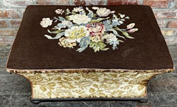 Late 19th century stuff-over needlepoint ottoman, with woolwork tapestry hinged lid and waisted