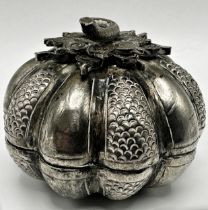 Far Eastern '90' silver betel nut box, in the form of a fruit, 5cm high x 5.5cm diameter, 1.8oz
