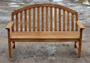 Teak three seat garden bench with slatted seat and back stamped 'Nauteak', H 106cm x W 161cm x D