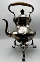 Silver plated spirit kettle with a wicker handle, H 38cm