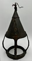 Arts and Crafts copper hall lantern of conical form, 37cm high