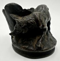 Good quality bronze ink well or spill vase, cast as a fox by a tree stump, 6cm high