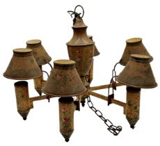 Pretty French antique toleware six branch painted metal ceiling light, with conical shades D 54cm, H