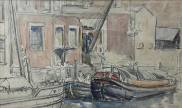 Ida Simpson (1898-1977) - The Wharf, unsigned, watercolour, 24 x 42cm, framed