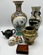 Late 19th century Canton cloisonne baluster vase with a group of further Eastern items, crackle
