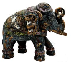 Indian carved wooden painted elephant, 30cm high x 33cm long