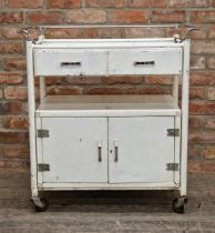Vintage industrial aluminium medical trolley with white painted finish, H 90cm x W 86cm x D 51cm