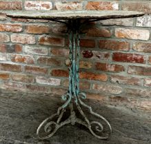 Antique wrought iron garden/bistro table with twisted column base and scrolled supports, H 73cm x