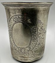 Good antique continental silver beaker, engraved with a blank ribbon wreath, marked '13' and 'J.W'