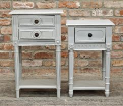 Two contemporary painted two tier bedside tables with turned fluted legs, the largest measures, H