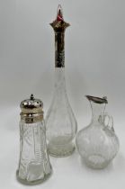 Good Edwardian silver collared bottle neck glass decanter, etched with scrolled foliage, 35cm