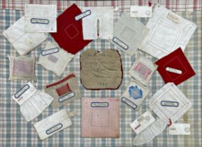 Sewing, knitting and darning specimens, No3 Mixed School Chasetown 1897, framed diorama, 45 x 64cm