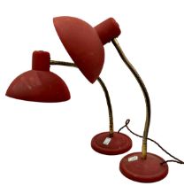 Pair of vintage Continental atomic snake desk lamps, with red shades and bases, 50cm high approx (2)