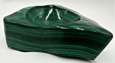 Good quality carved malachite dish/ashtray, of triangular form, 7cm high x 18cm long