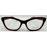 A pair of Versace woman's Bordeaux rectangle eyeglasses with red frame and branded temples. Model