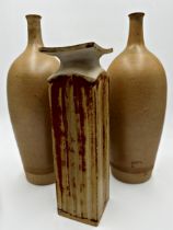 Good quality pair of studio pottery salt glaze vases, unmarked, 36cm high, with a further square