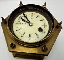 Hexagonal brass table clock, the enamel dial with subsidiary second dial, 12cm high x 18cm wide