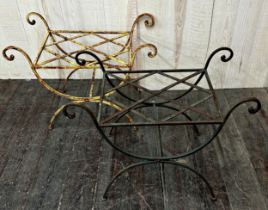 Pair of 20th century painted wrought iron garden stools with lattice work seats and scrolled ends, H