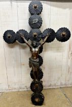 Unusual continental balsa wood crucifix, with bronze spelter Christ, and skull and crossbones,