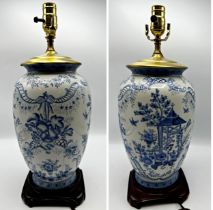 Pair of delft porcelain baluster table lamps, 48cm high (shades present)