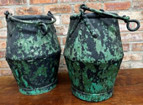 Highly decorative pair of antique painted galvanised well buckets, with hinged handles and riveted