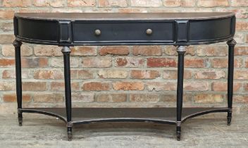 Contemporary Regency style metal bow front two tier console table with single frieze drawer, H